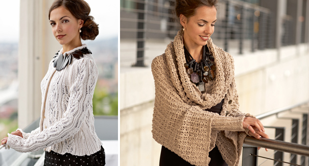 Linda Marveng: Francesca wearing Japanese Lace Jacket in Amoretto and Lacy Rib Shawl and snood in Colina